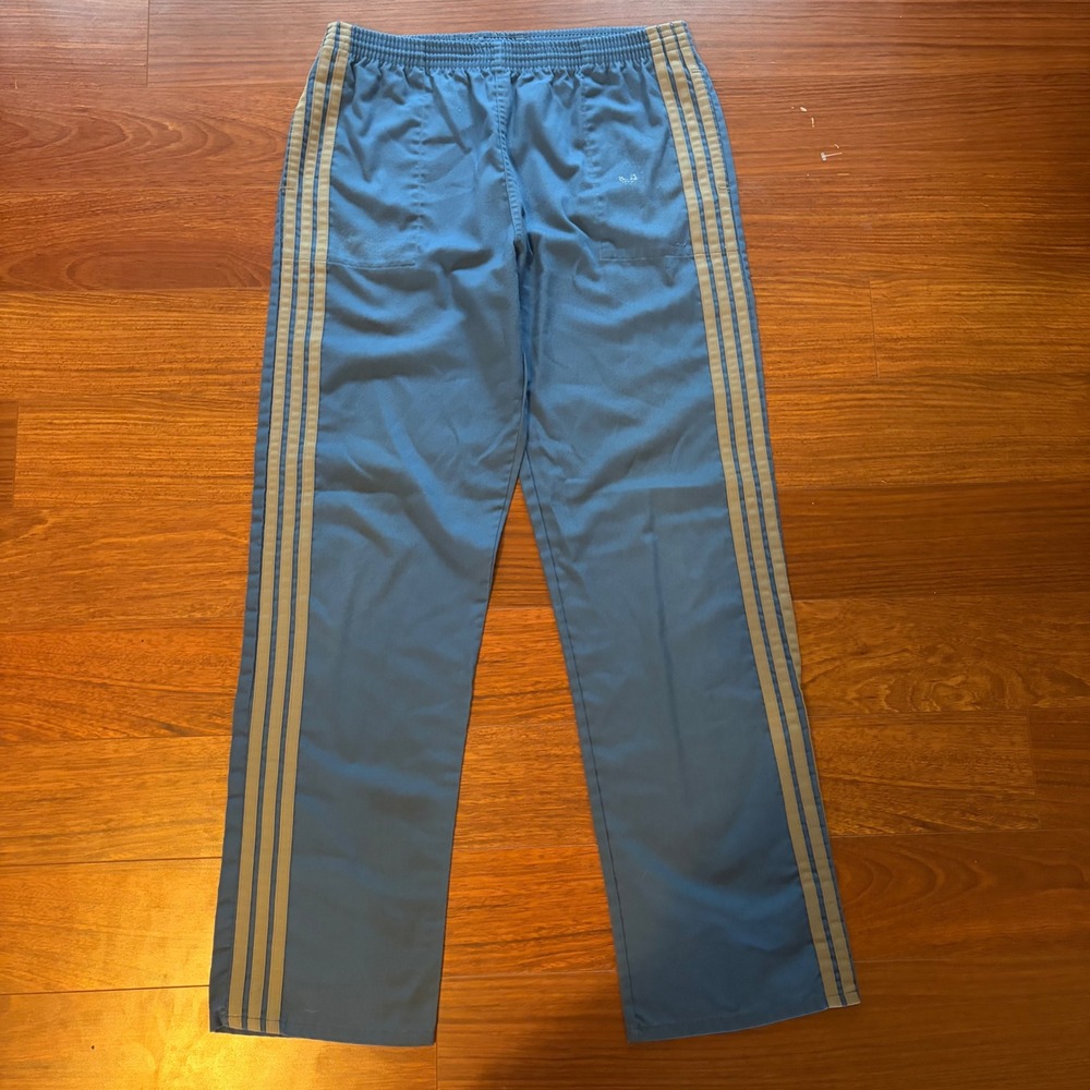 Vintage 80s Adidas Track Pants Mens L Blue Tan 3 Stripe Made In USA Wide Leg